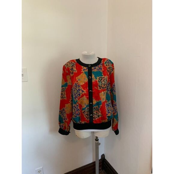 VTG Notations Versace Look Jacket Top 16W Red Satin Abstract Ornate Button Crop - Picture 11 of 16